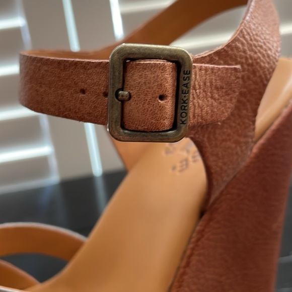 EUC Kork-Ease neutral tan and silver metallic strap high wedge sandals - Picture 11 of 12